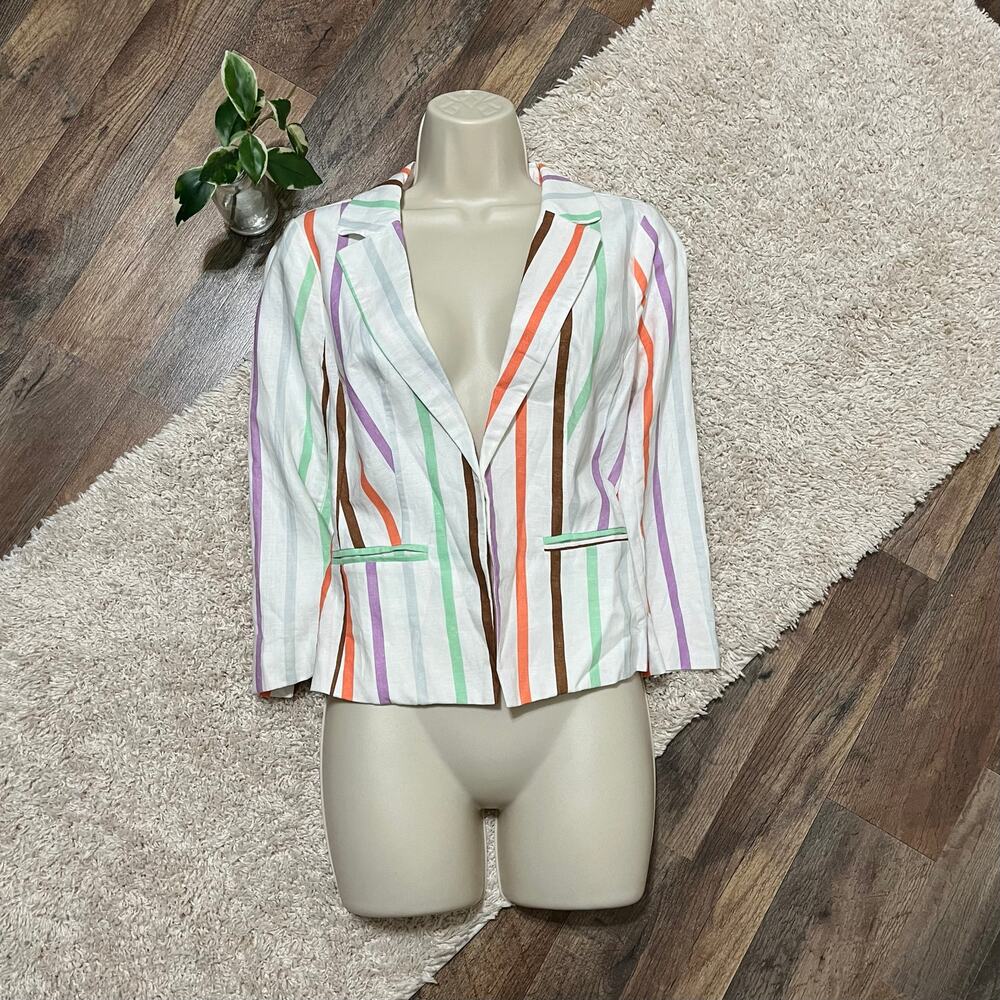 ModCloth Small Striped Open Front Linen Blend Sweet Sophistication Blazer Jacket